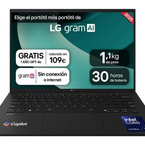 Portátil LG Gram 14ZD90T-G.AX88B Intel Core Ultra 7-255H/ 32GB/ 1TB SSD/ 14"/ Sin Sistema Operativo