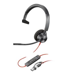 Auricular Poly Blackwire 3310 para Microsoft Teams + Adaptador USB-C/A com Microfone/ USB Tipo-C/ Preto