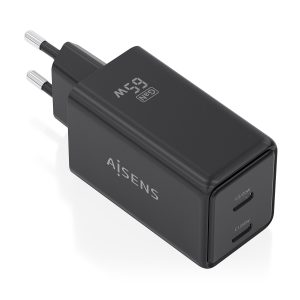 Cargador de Pared GaN Aisens ASCH-65W2P079-BK/ 2xUSB Tipo-C/ 65W/ Negro