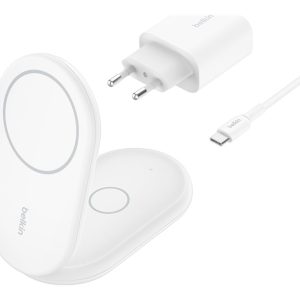 Belkin BoostCharge 2-in-1 - Base de carregamento sem fios - magnético, dobrável, com Qi2 + adaptador de energia AC - 15…