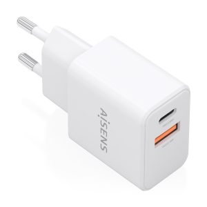 Cargador de Pared GaN Aisens A110-1025/ 1xUSB Tipo-C/ 1xUSB/ 20W/ Blanco