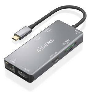 Docking USB Tipo-C Aisens ASUC-9P018-GR/ 2xHDMI 4K/ 3xUSB/ 1xRJ45/ 1xLector Tarjetas/ 1xUSB Tipo-C PD/ Gris