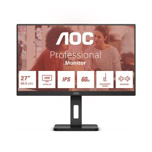 AOC Essential-line U27E3UF - Monitor LED - 27" - 3840 x 2160 4K UHD (2160p) @ 60 Hz - IPS - 350 cd/m² - 1000:1 - 4 ms - 2xHDMI, DisplayPort - altifalantes - preto