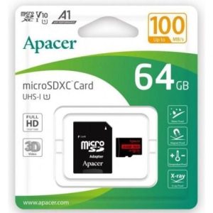 Cartão de Memória Apacer 64GB XC UHS 1 com Adaptador/ Classe 10/ 100MBs