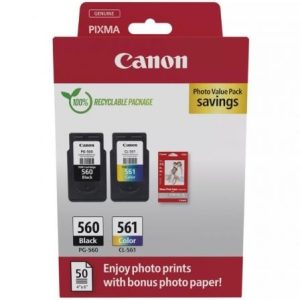 Tinteiro Original Canon PG-560 + CL-561 Multipack/ Preto/ Tricolor + Papel Fotográfico