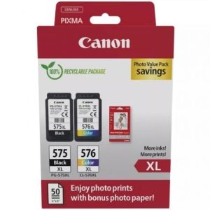 Cartucho de Tinta Original Canon PG-575XL + CL-576XL Multipack Alta Capacidade / Preto / Tricolor + Papel Fotográfico