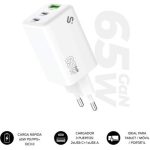 Carregador de Parede GaN Subblim 65W Charger USB C+C+A/ 2xUSB Tipo-C/ 1xUSB/ 65W