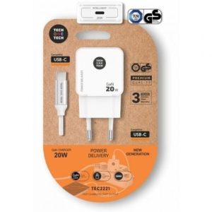 Carregador de Parede Tech One Tech TEC2221/ 1xUSB Tipo-C + Cabo USB Tipo-C/ 20W/ Branco