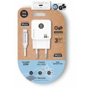 Carregador de Parede Tech One Tech TEC2222/ 1xUSB Tipo-C + Cabo Lightning/ 20W/ Branco