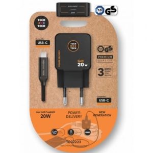 Carregador de Parede GaN Tech One Tech TEC2223/ 1xUSB Tipo-C + Cabo USB Tipo-C/ 20W/ Preto