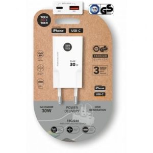 Carregador de Parede GaN Tech One Tech GaN TEC2230/ 1xUSB Tipo-C/ 1xUSB/ 30W/ Branco