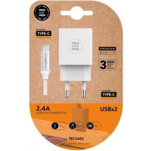 Carregador de Parede Tech One Tech TEC2403/ 2xUSB + Cabo USB Tipo-C/ 12W/ Branco