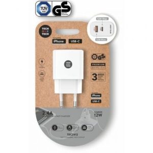 Carregador de Parede Tech One Tech TEC2412/ 1xUSB Tipo-C/ 1xUSB/ 12W/ Branco