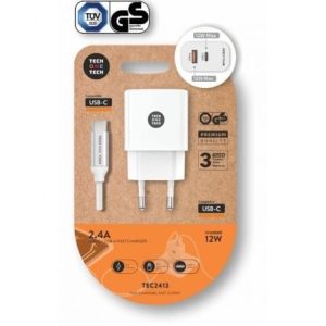 Carregador de Parede Tech One Tech TEC2413/ 1xUSB Tipo-C/ 1xUSB + Cabo USB Tipo-C/ 12W