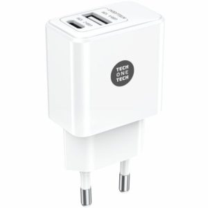 Carregador de Parede Tech One Tech TEC2904/ 1xUSB Tipo-C/ 1xUSB/ 12W/ Branco