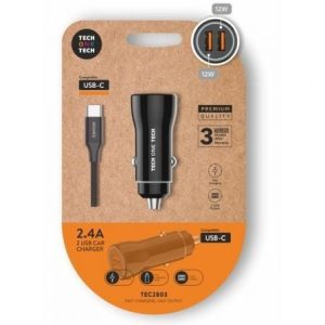 Carregador de Carro Tech One Tech TEC2803/ 2xUSB + Cabo USB Tipo-C/ 12W