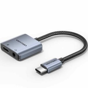 Adaptador Áudio Vention BIGHA/ USB Tipo-C Macho - Jack 3.5 Fêmea/ USB Tipo-C PD Fêmea/ Cinzento