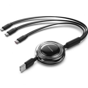 Cabo USB Retráctil Vention TRJBBE/ USB Macho - Lightning/ 2xUSB Tipo-C/ Até 17.5W/ 10