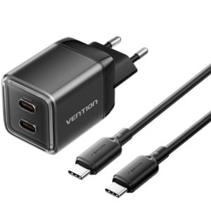 Carregador de Parede GaN Vention TZ-FCFB0-EU/ 2xUSB Tipo-C + Cabo USB Tipo-C/ 45W