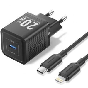 Carregador de Parede GaN Vention TZ-FEPB0-EU-02/ 1xUSB Tipo-C + Cabo Lightning/ 20W