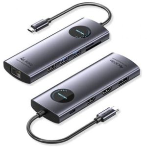 Estação de Ancoragem USB Tipo-C Vention TQWHB/ 2xHDMI 4K/ 1xDisplayPort/ 3xUSB/ 1xUSB Tipo-C PD/ 1xRJ45/ 1xLeitor de Cartões/ Cinzento