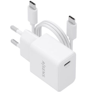 Carregador de Parede GaN Aisens ASCH-20W1P081-W/ 1xUSB Tipo-C/ 20W/ Branco/ Inclui Cabo USB Tipo-C