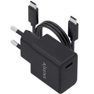 Carregador de Parede GaN Aisens ASCH-20W1P082-BK/ 1xUSB Tipo-C/ 20W/ Inclui Cabo USB Tipo-C