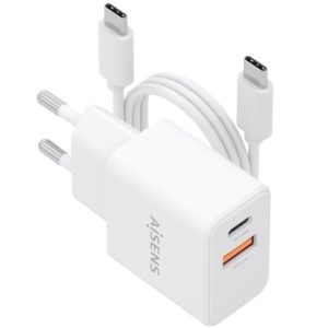 Carregador de Parede GaN Aisens ASCH-20W2P083-W/ 1xUSB Tipo-C/ 1xUSB/ 20W/ Branco/ Inclui Cabo USB Tipo-C