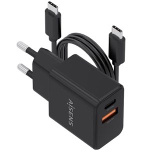 Carregador de Parede GaN Aisens ASCH-20W2P084-BK/ 1xUSB Tipo-C/ 1xUSB/ 20W/ Inclui Cabo USB Tipo-C