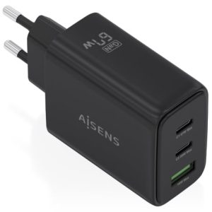 Carregador de Parede GaN Aisens ASCH-67W3P087-BK/ 2xUSB Tipo-C/ 1xUSB/ 67W