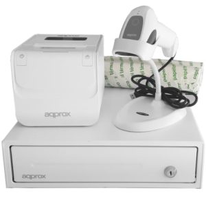 Pack para Terminal POS Approx appPOSPACK3380WH / Gaveta Porta-moedas + Impressora Térmica de Talões + Leitor de Códigos + Rolos Térmicos