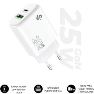 Carregador de Parede GaN Subblim 25W Charger USB C+A/ 1xUSB Tipo-C/ 1xUSB/ 25W
