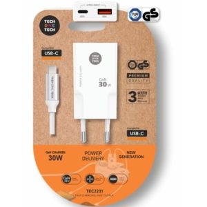Carregador de Parede Tech One Tech TEC2231/ 1xUSB Tipo-C/ 1xUSB + Cabo USB Tipo-C/ 30W/ Branco